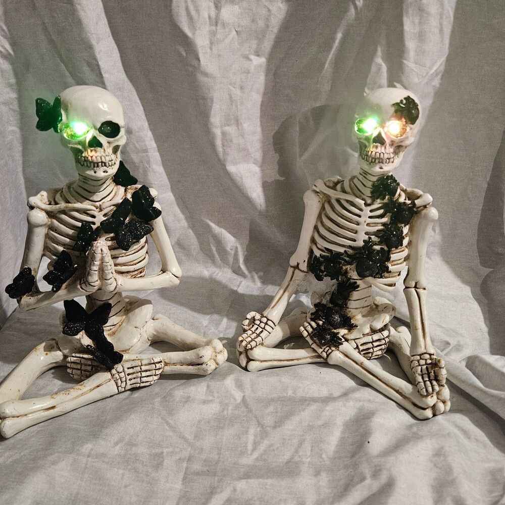 Set of 2 LED Skeleton Figurines Halloween Gothic Butterfly Decor
